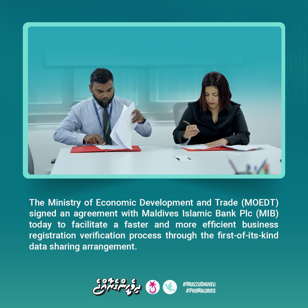 @MoEDmv signed an agreement with @mibmv today to facilitate a faster and more efficient business registration verification process through the first-of-its-kind data sharing arrangement. #DhiveheengeRaajje #MuizzuDhuveli @MMuizzu @em_saeed @mibmv @MoEDmv
