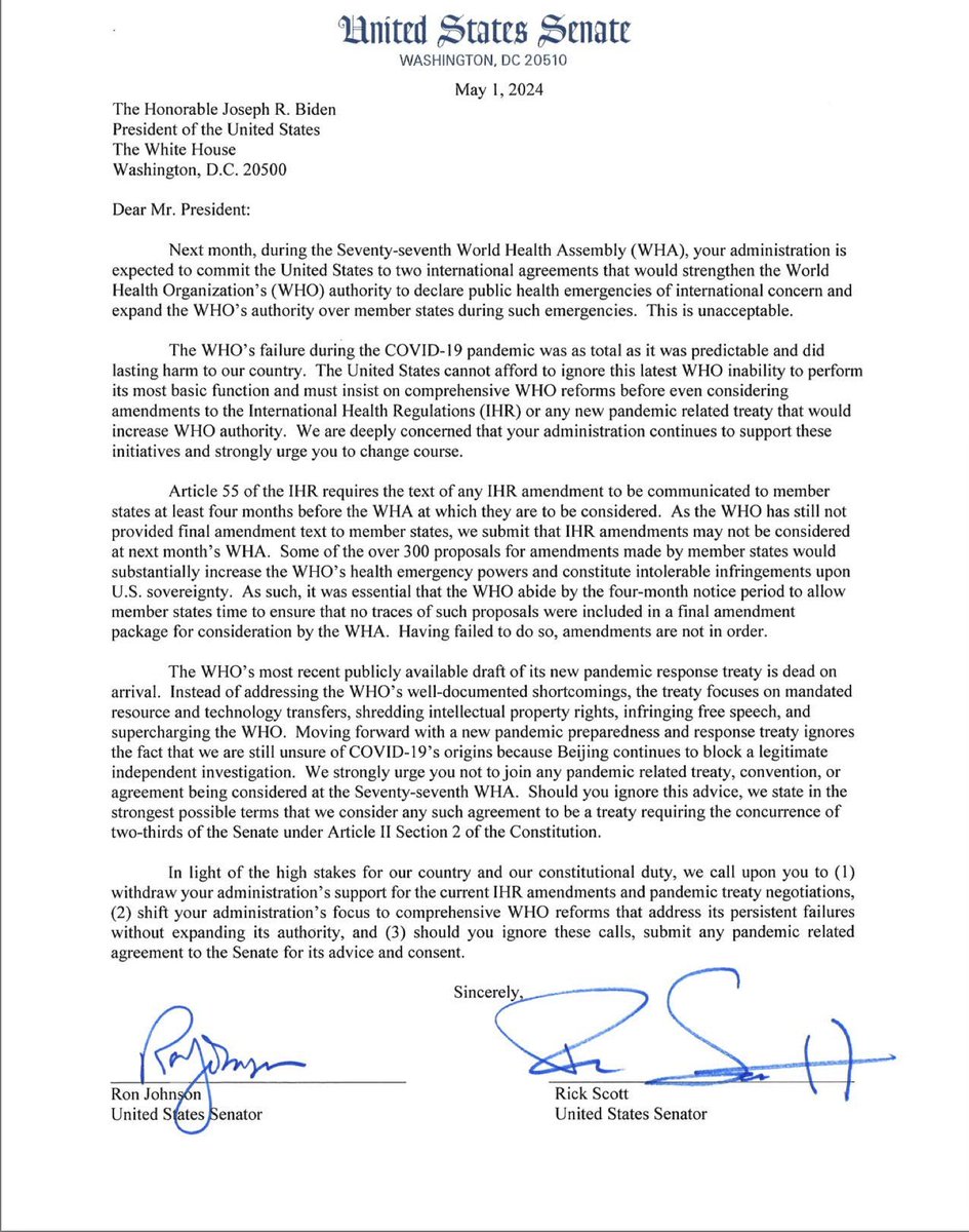 🚨Important letter signed by 49 US Senators calling for the US to withdraw from the @WHO's pandemic treaty negotiations and confirming that - as suggested a few weeks ago by respected international jurists - the IHR texts can no longer lawfully be put for a vote in May 2024.…
