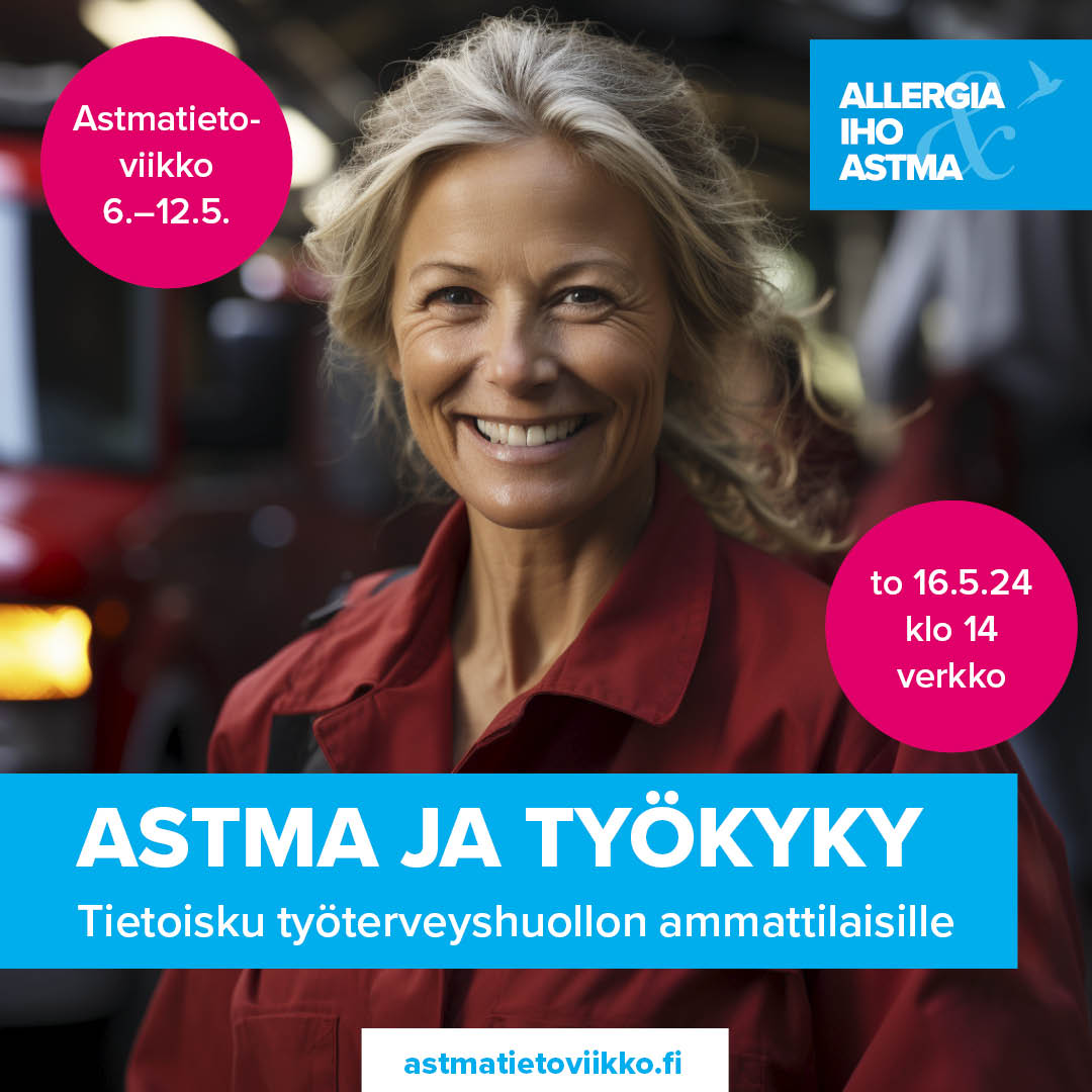 Työterveyshuollon ammattilainen! Järjestämme 16.5. klo 14–15 ilmaisen Astma ja työkyky -tietoiskun verkossa. Tule kuulemaan, miten astman hoitoa voi tukea ja innostaa astmaatikkoa työkyvyn ylläpidossa. 👉allergia.fi/tapahtumat/ver… #astma #Astmatietoviikko #AllergiaIhoJaAstmaliitto