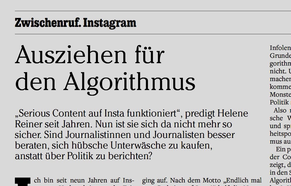 Im neuen @mediummagazin warnt unsere Alumna @Helene_Reiner vor einer „FKKisierung des Journalismus“ - die Algorithmen von Insta sind demnach ein großes Problem. (€ mediummagazin.de/medium-magazin…)