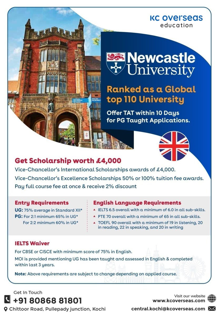 Want to study in the UK? 🇬🇧 
Consider Newcastle University!🎓Newcastle University offers a variety of scholarships worth up to £4,000 to help with your study abroad expenses. 

#KCOverseasEducation #StudyinUK #NewcastleUniversity #OverseasEducation #AbroadEducation