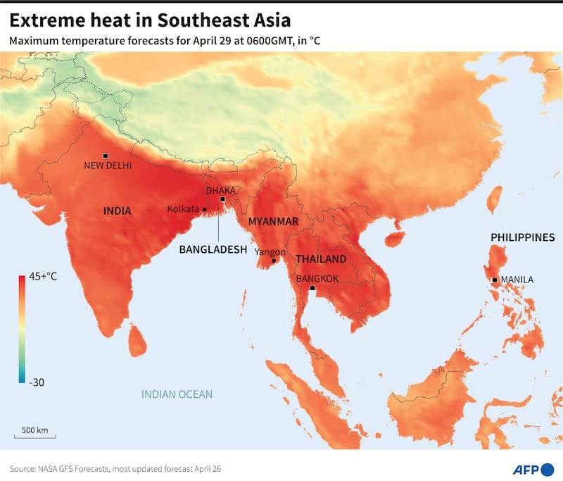 On Monday Myanmar had its hottest day on record, an unbelievable 48.2C (118.8F). Cambodia, Vietnam, Thailand, China, and parts of India have also been struck by record breaking temperatures above 40C. These temperatures will kill thousands. 1/2