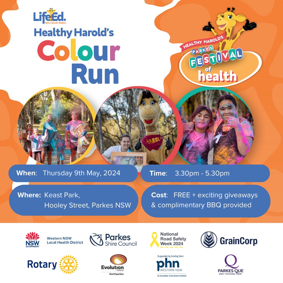 🌈 Join us at Keast Park on Thursday 9 May for Healthy Harold's Colour Run from 3:30-5:30pm! 👟 Walk, run, or dance through vibrant chalk powder, explore health & safety booths, snap a selfie with Harold 📸, enjoy a free BBQ, and win giveaways! All welcome!