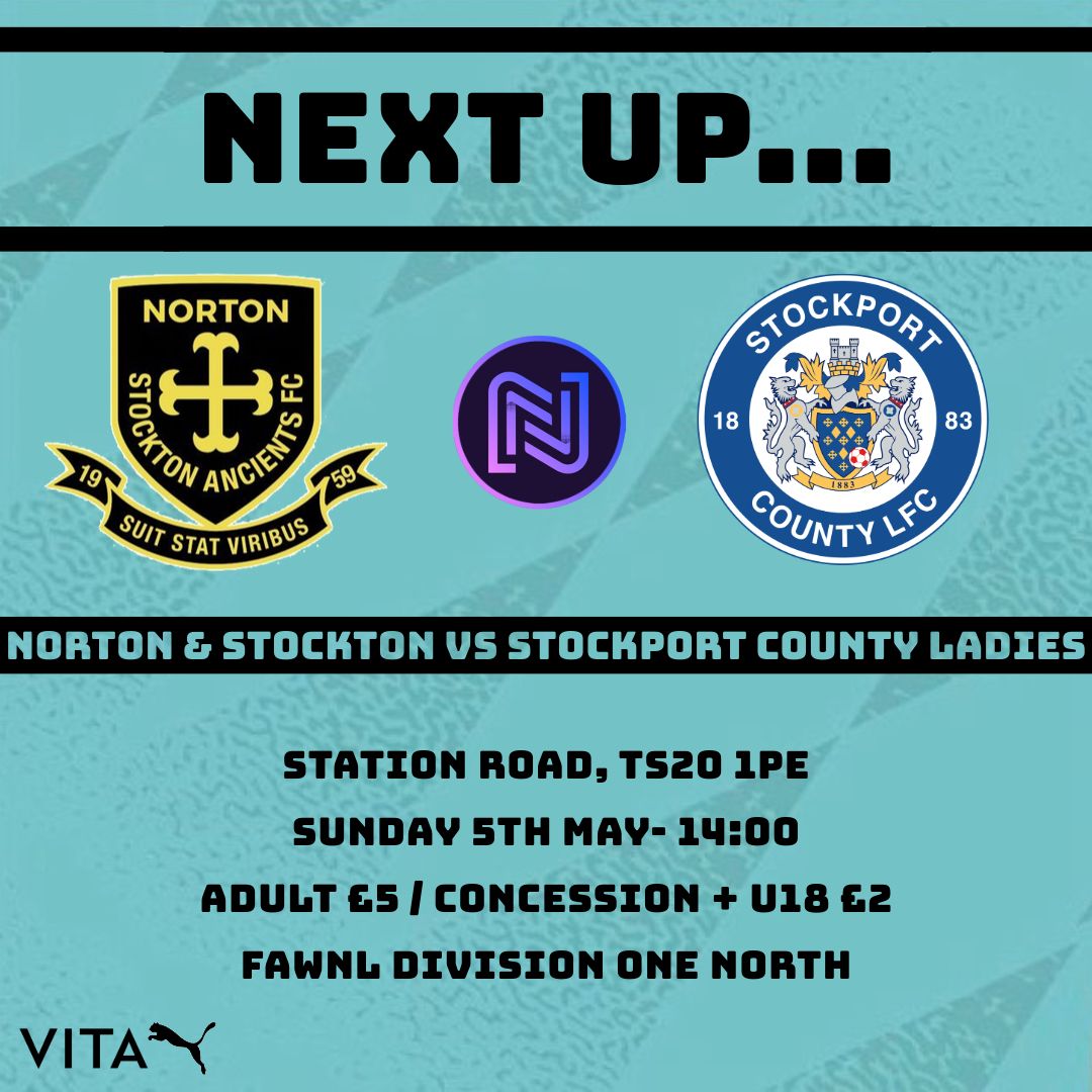 𝗡𝗲𝘅𝘁 𝗨𝗽… 🔜 The Champions of Cheshire look to end the season on a high this Sunday, as we travel to County Durham, taking on Norton & Stockton Ancients in the final game of the season! We’d love to see you bring that spectacular support one last time 💙 #StockportCounty