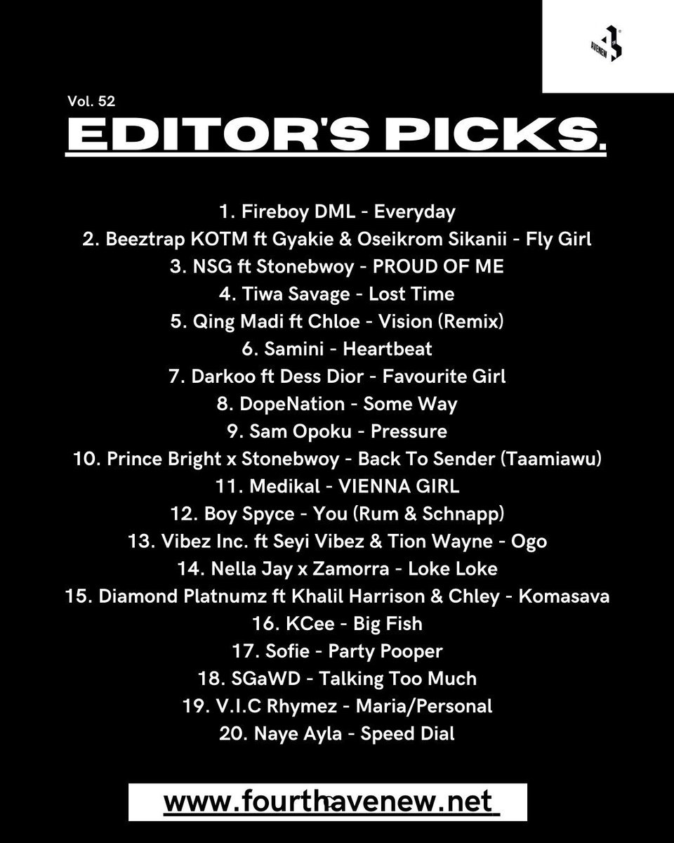#EditorsPicks Vol. 52
Cover artiste: @fireboydml

Presenting you with sounds from the continent by:
@beeztrapkotm
@NSG
@TiwaSavage
@Qingmadi
@samini_dagaati
@darkoo
@GhDopeNation
@SamOpoku_
@lionessofie1 and many others! 🔥

🔗: Log on to fourthavenew.net for more!