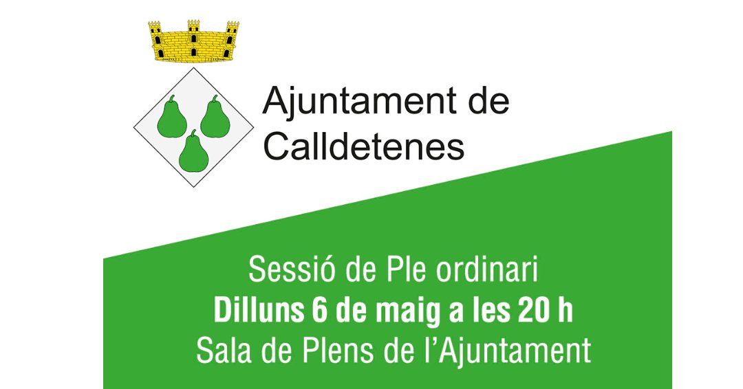 👋Bon dia! Convocada sessió de ple ordinari municipal. La sessió tindrà lloc dilluns 6 de maig a les vuit del vespre a la sala de Plens de l'Ajuntament. Consulteu l'ordre del dia al web!