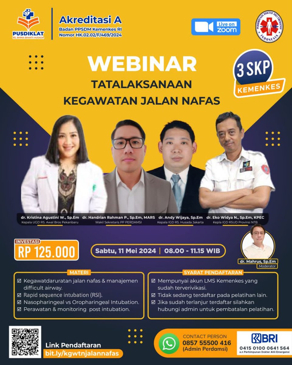 perdamsi's tweet photo. Ikuti webinar "Tatalaksanaan Kegawatan Jalan Nafas"

🗓️ Sabtu, 11 Mei 2024
⏰ Jam 08.00 - 11.00 WIB

Investasi
Rp. 125.000

E-Sertifikaat
3 SKP Kemenkes

Registrasi
https://t.co/enDmelW93j

Informasi
Perdamsi/ https://t.co/PllTm1Ghpr

#webinar 
#perdamsi
#kemenkes 
#skp https://t.co/2h809OUPXu