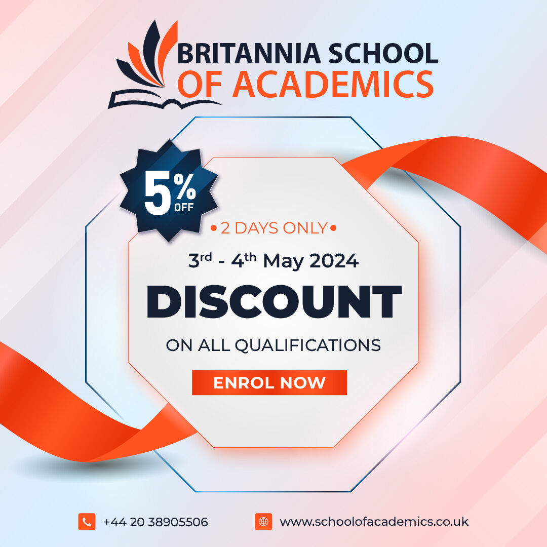 𝗛𝘂𝗿𝗿𝘆!🎓

Get a 𝟱% discount on all qualifications at #BritanniaSchoolofAcademics until 𝗠𝗮𝘆 𝟰𝘁𝗵, 𝟮𝟬𝟮𝟰.

Enrol now for top-notch education at a more affordable price.

Don't miss this #LimitedTimeOffer!

#ExtraDiscount #Apprenticeships #VirałPost #CareerAdvancement