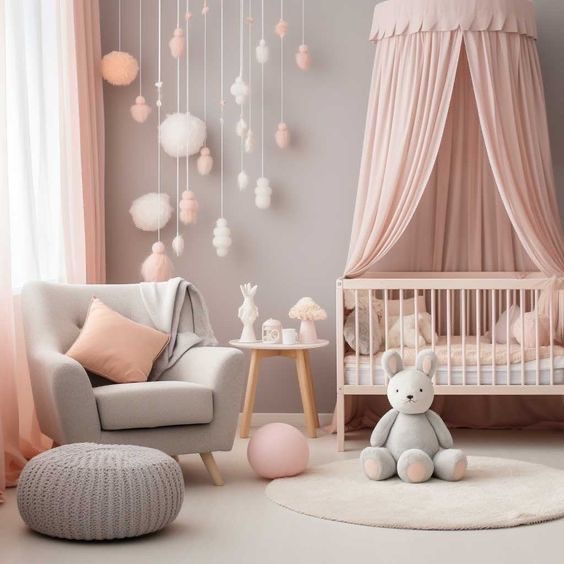 A beautiful pink and grey nursery decor via <a href="/pinterest/">Pinterest</a>. Let us know down below if your currently decorating your nursery.

#isabellaoliver #nursery #nurseryroom #pregnancy
