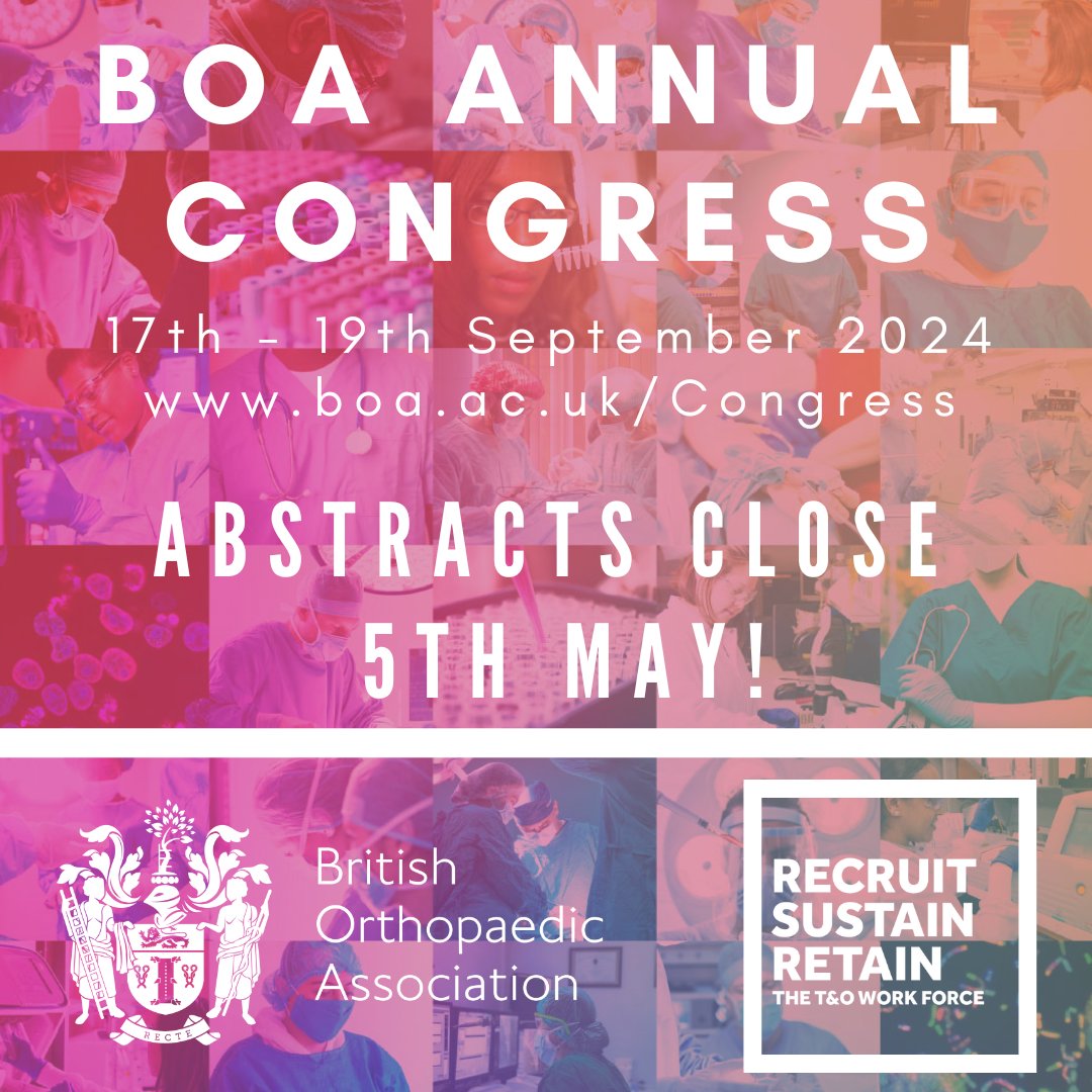 REMINDER! Abstract submissions are now open and close in 48 hours on Sunday 5th May! Categories include, Education, Trauma, Hip, Knee, Developing World Orthopaedics, Medical Students, and more. For more information at boa.ac.uk/Abstracts #BOAAC24 #orthotwitter