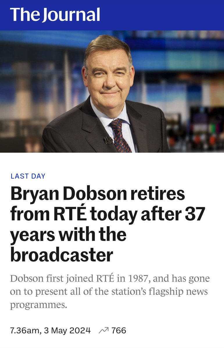Bryan Dobson retires from RTÉ today after 37 years with the broadcaster Dobson first joined RTÉ in 1987, and has gone on to present all of the station’s flagship news programmes. thejournal.ie/bryan-dobson-r…