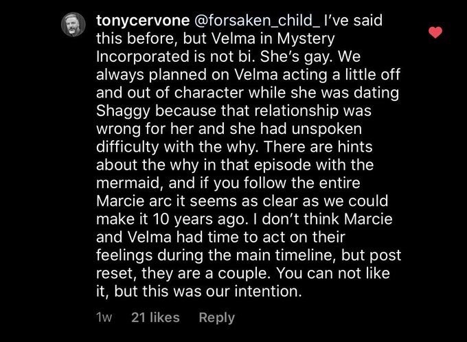 listen guys, this isn't bi erasure. Velma was always intended to be lesbian and that's why she was acting out of character when dating Shaggy multiple writers have been trying for over 20 years at this point