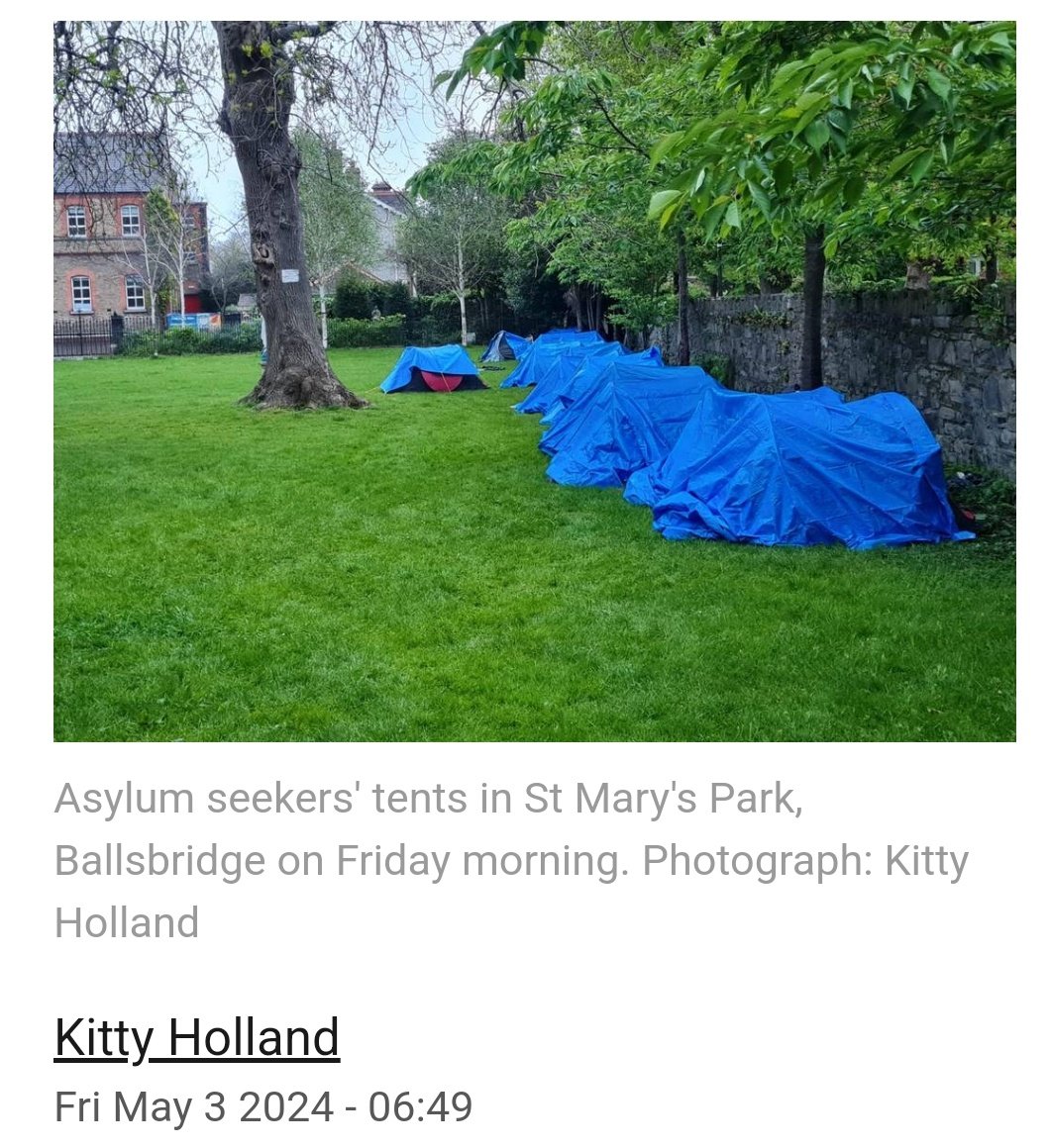 Asylum seekers pitch tents in park on St Mary’s Road in Ballsbridge All had been sleeping in tents at the International Protection Office (IPO) in recent weeks until it was cleared on Wednesday morning. irishtimes.com/ireland/social…