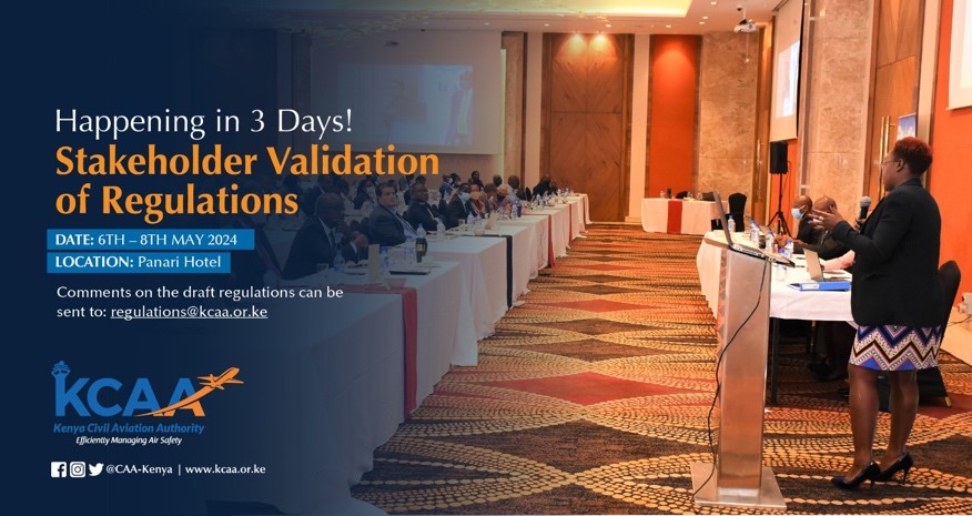 Happening soon! Aviation industry stakeholders and #KCAA will meet for the stakeholder validation of draft civil aviation regulations on 6-8 May at the Panari Hotel. Register here: forms.office.com/r/TcUj4c6JRR