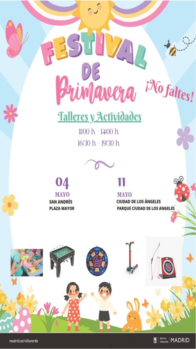 Talleres y juegos en el Festival de Primavera de Villaverde 🎯🛴🖌️ Un sábado más, tendremos pintacaras, circuito de patines, futbolín y mucha diversión 📆 4 de mayo 🕟 De 11:00 a 14:00 h y de 16:30 a 19:30 h 📍plaza Mayor de #Villaverde informate.madrid.es/kpuk84