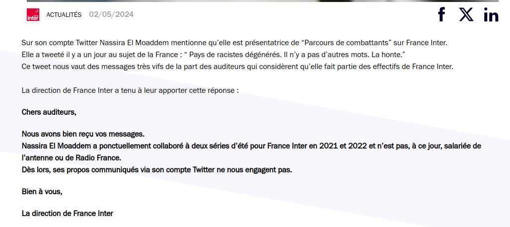 Han, mais j'ai loupé le fait que la direction de @franceinter @AdeleVanReeth a totalement occulté la responsabilité de Odoul dans le fléchage (erroné) de l'indignation vers le service public Ils attribuent ça à la bio Twitter de la victime du harcèlement d'ED. Victim blaming 101