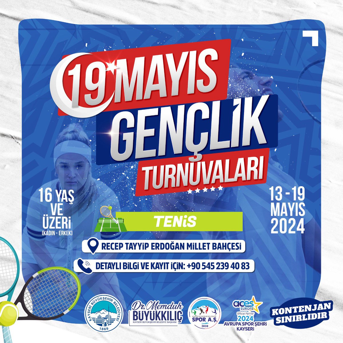 🇹🇷🎾Kayseri Büyükşehir Belediyesi Spor AŞ olarak 13-19 Mayıs 2024 tarihleri arasında Recep Tayyip Erdoğan Millet Bahçesinde düzenleyeceğimiz 19 Mayıs Gençlik Turnuvası Tenis kayıtları başladı 🎾🇹🇷 Detaylı Bilgi ve Kayıt İçin: 0 (545) 239 40 83
