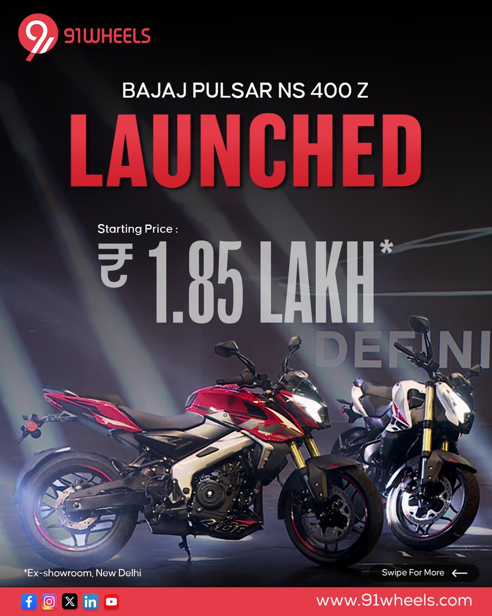 Bajaj has launched its most powerful Pulsar in India. The new Bajaj Pulsar NS 400 Z has debuted at a price of Rs 1.85 lakh (ex-showroom, New Delhi). Key highlights- ✅Powered by a Dominar 400-sourced engine ✅Four ride modes, LED projector light ✅43m USD suspension ✅LED…