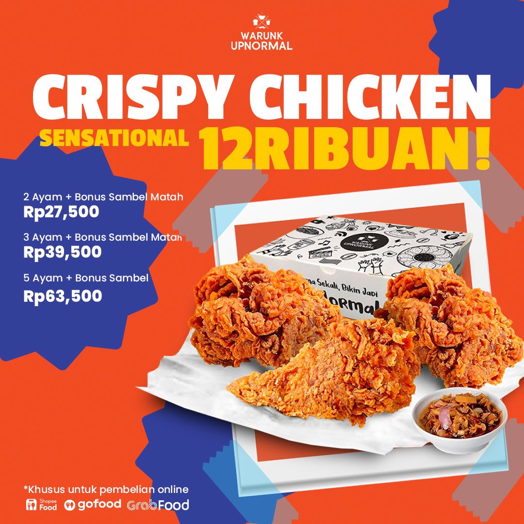 Makan enak cuma 12ribuan?

Yap! Kamu bisa nikmatin Crispy Chicken spesial Warunk Upnormal mulai dari 12ribuan aja😱

Crispy di luar, juicy di dalam,dijamin bikin kamu geleng-geleng~

Buruan pesan sekarang lewat aplikasi online di hape kamu!

#WarunkUpnormal
#KebersamaanDiUpnormal