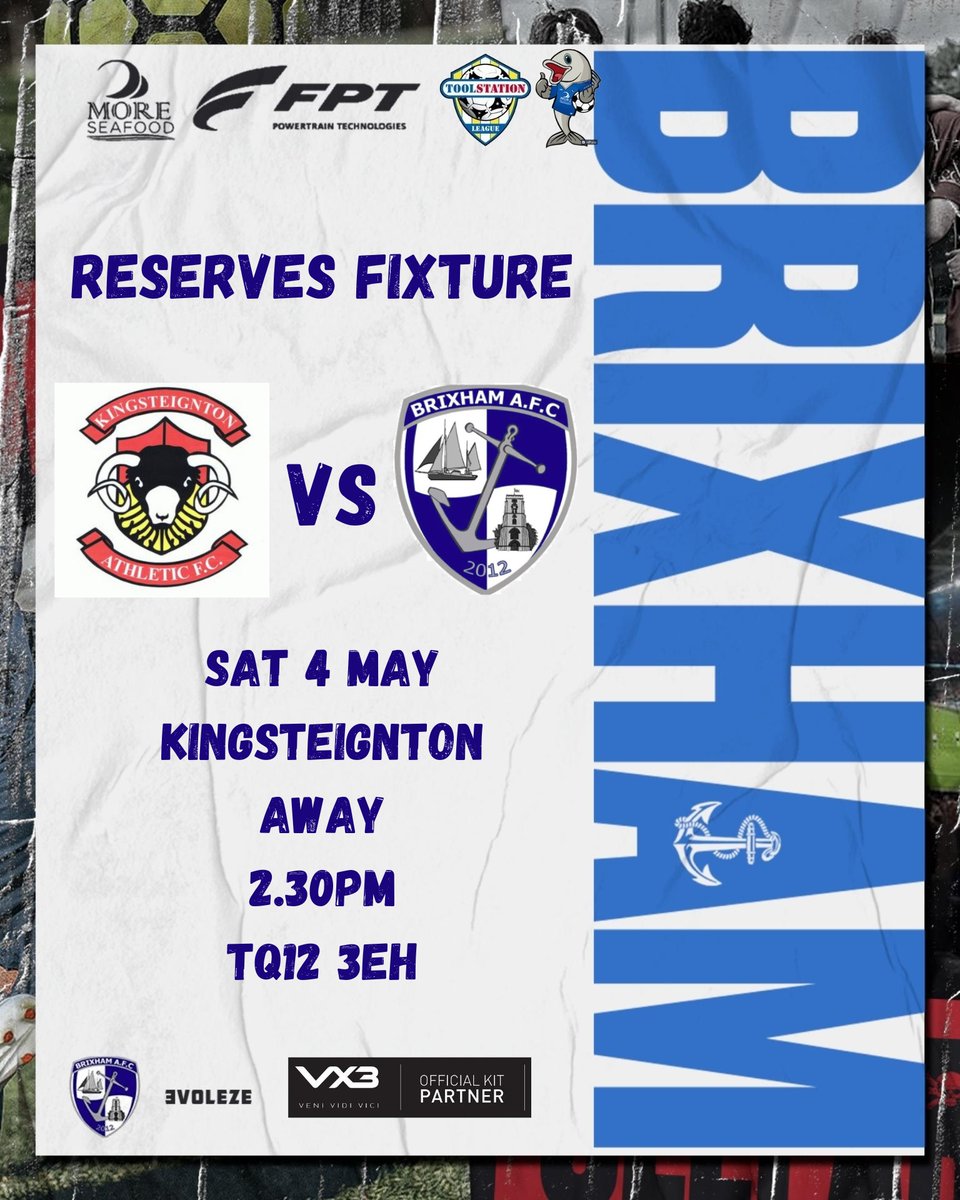 Our Reserves travel to @KAFCtherams tomorrow for a 2.30 Kick Off. 💙🤍💙🤍 'BLUE ARMY' @moreseafood @PumpTechLtd Breakwater Marine Engineering @fpt @BrixhamCasuals @Brixhamfishmkt @swsportsnews @TSWesternLeague 🐟🐟🐟