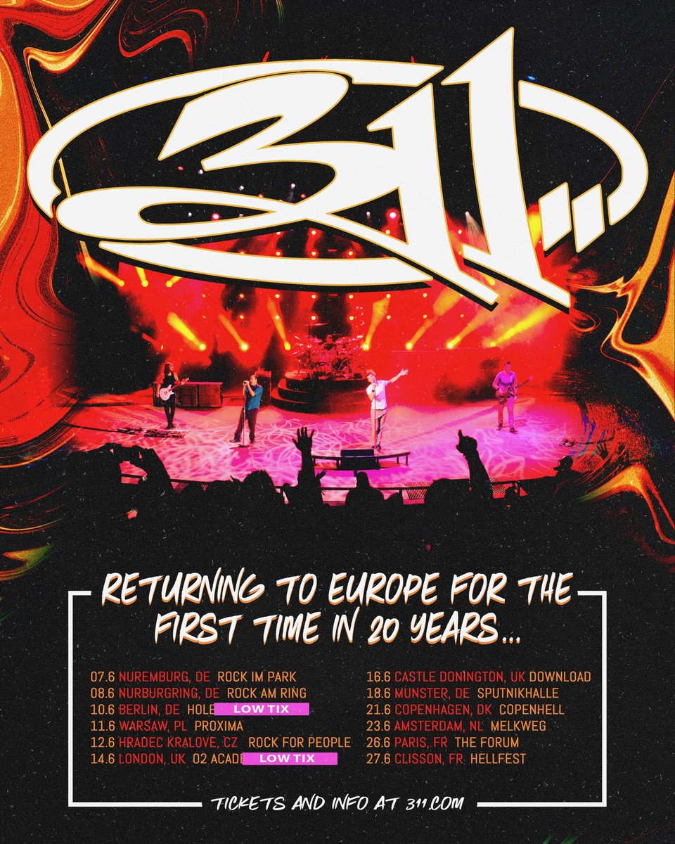 We can’t wait to see you next month, Europe! Tickets are selling quickly with a few dates close to selling out! Head to 311.com/tour to get yours