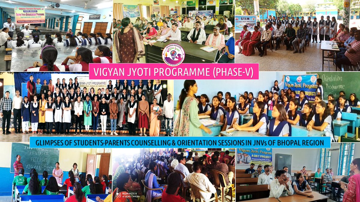 A few glimpses of the enlightening Students-Parents Counselling and Orientation Sessions held at JNVs of the Bhopal Region under #VigyanJyoti Programme (Phase-V). #EmpoweringGirlsInSTEM #WomenInSTEM #GirlsInScience