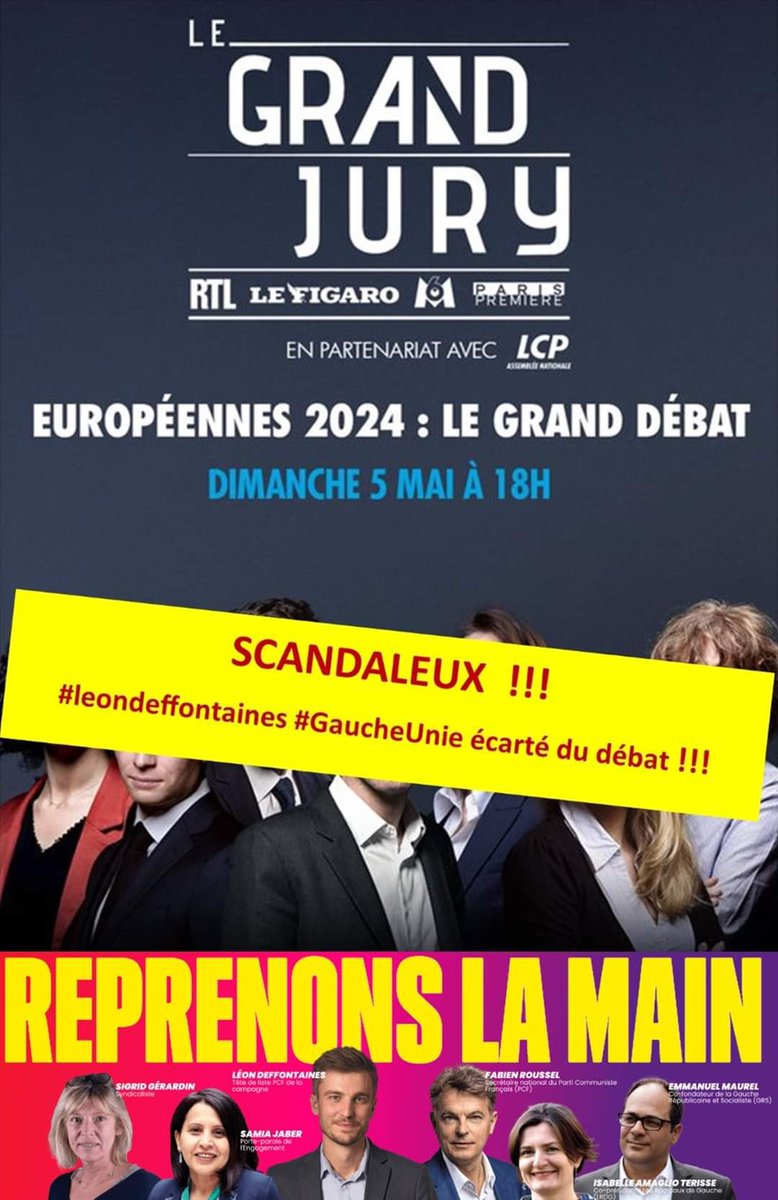 Scandaleuse eviction du candidat de la #GaucheUnie. Honteux ! @LCP @RTLFrance @M6Groupe @Le_Figaro @ParisPremiere @Arcom_fr