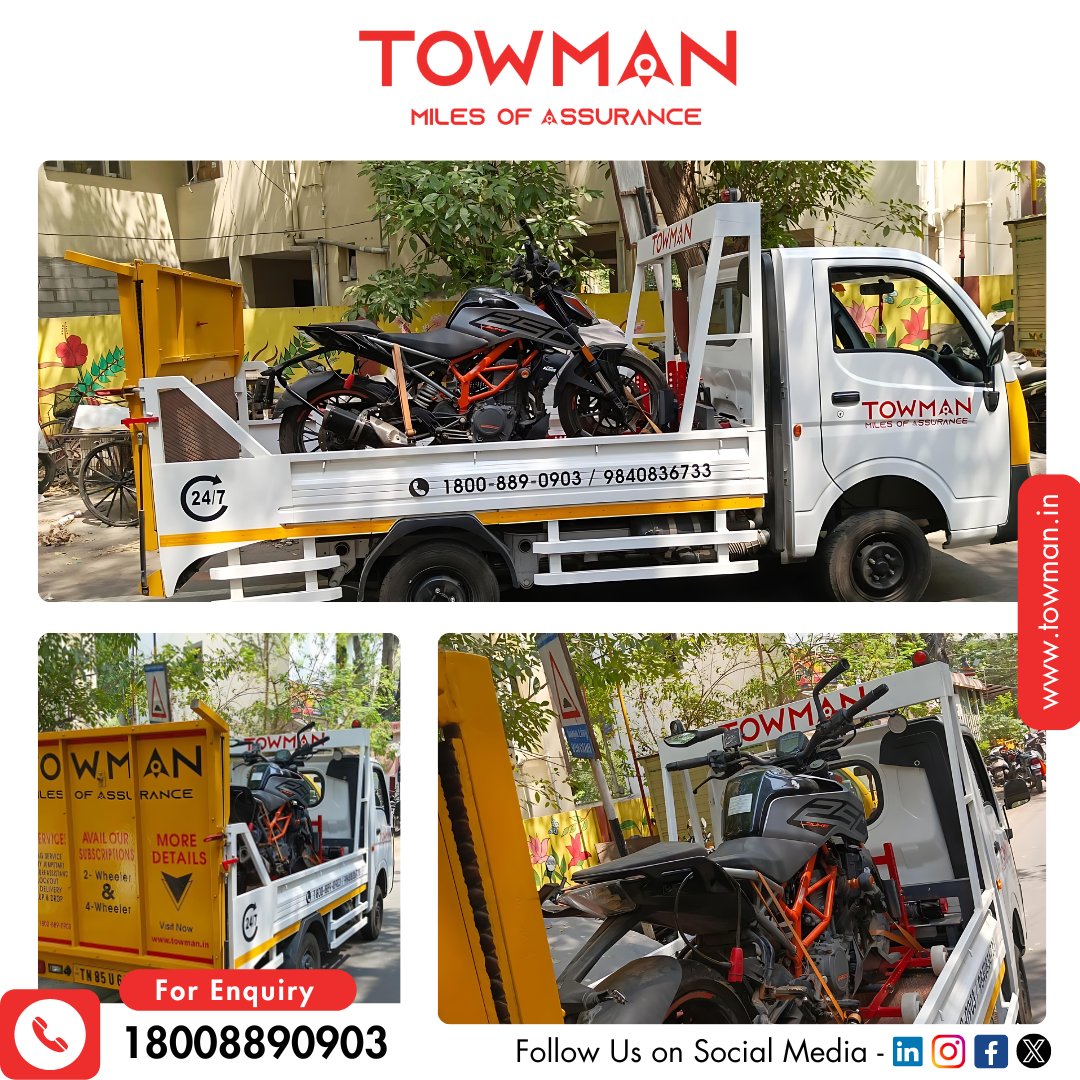 Need a tow for your two-wheeler? Call TowMan! Quick, reliable service for any situation. Contact us and get back on the road fast!

#TowManServices #TwoWheelerTowing #RoadsideAssistance #RideSafe