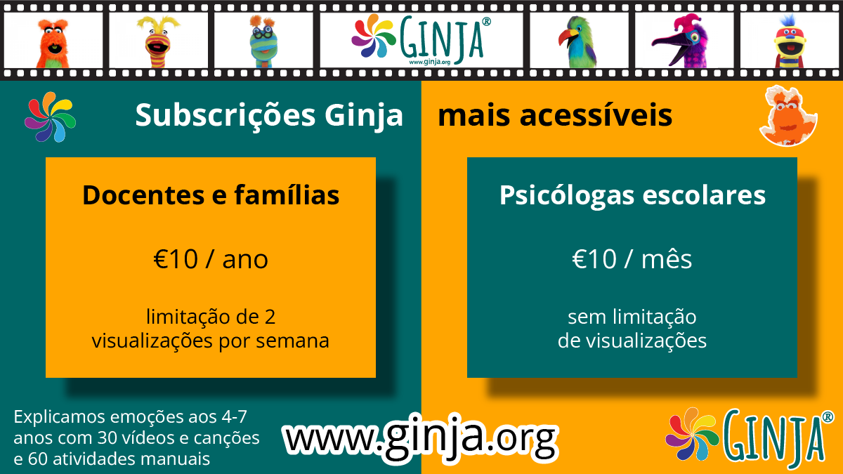 ginjaemocoes's tweet photo. O Ginja é o único programa de educação sócio-emocional em português com vídeos e canções. O Ginja tem agora duas subscrições mais acessíveis: €10/mês, sem limitação de episódios; e €10 por ano, (limitado a 2 visualizações por semana). Estão em https://t.co/AWrVLH7zuJ. Obrigado! https://t.co/wuVcjKRNqK