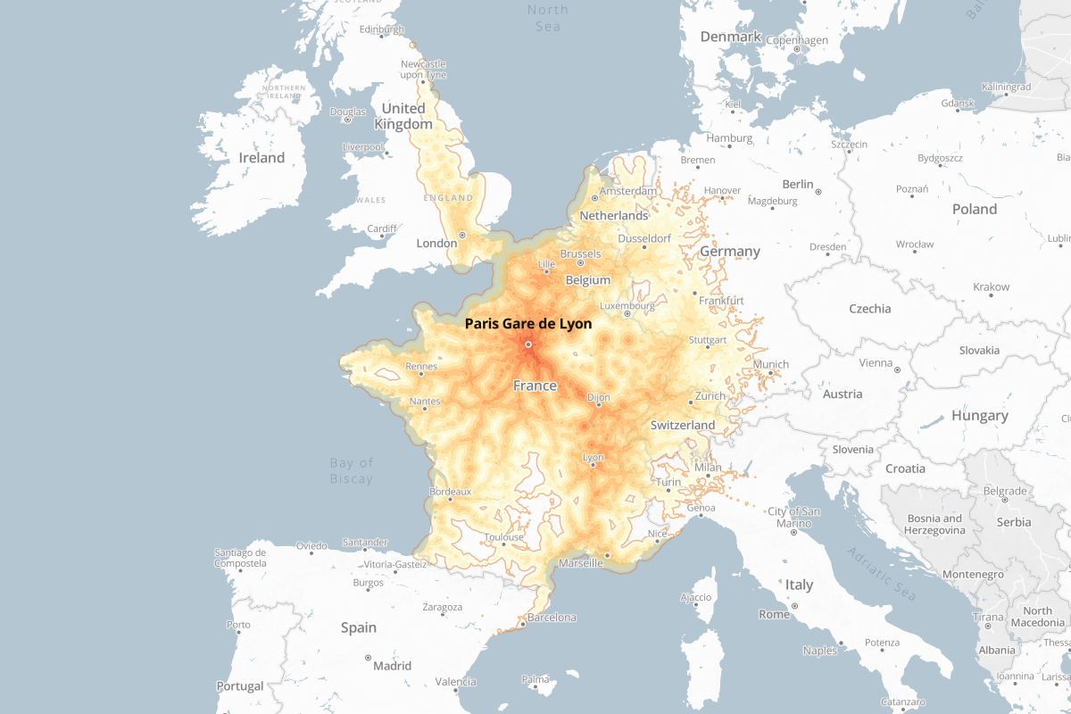 Where can you go by train? The #chronotrains map shows how far you can travel from each station in Europe in less than 8 hours - bit.ly/49I8YsF - #FridayMapFun