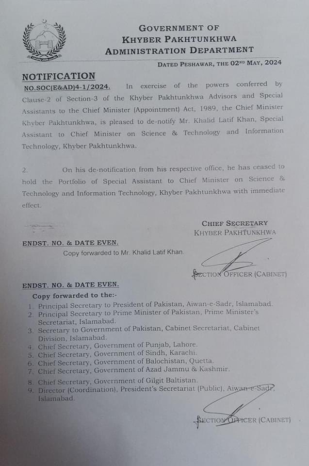 🚨🚨🚨🚨. Sher Afzal Marwat brother Khalid Latif removed from special assistant to CM for Science and Technology