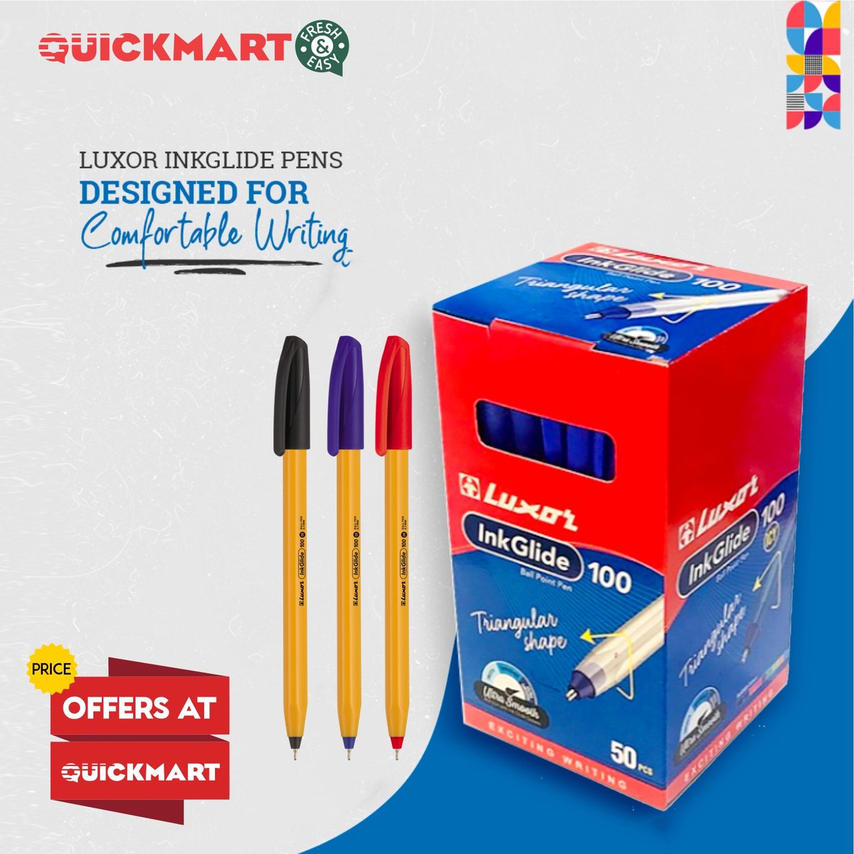 Guys it's #backtoschool season,@store_centropen has stocked up #luxorinkglidepen in all @QuickmartKenya stores at #BeiNafuu. Pencils are HB which are quality for drawing and writing up insha.Pens have a lubriflow ink system hence can be used at #School,#Home and even #Office .