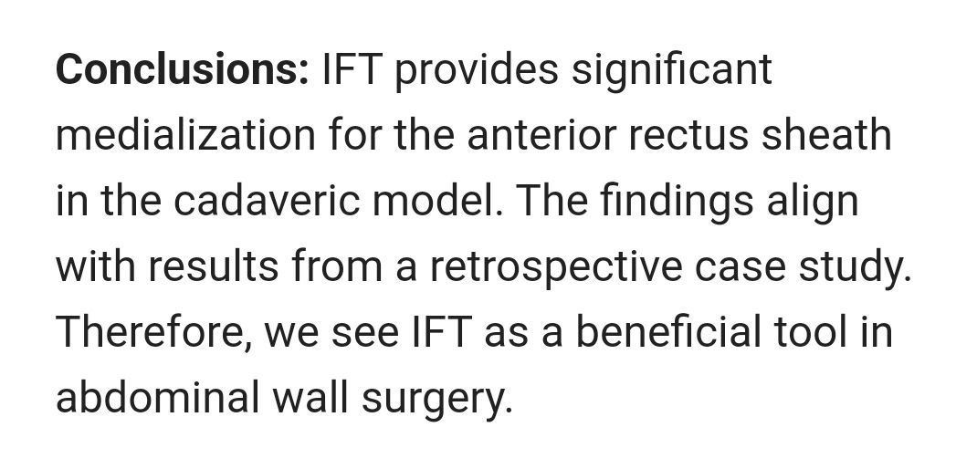 buff.ly/4diRnKU Assessment of myofascial medialization following #IFT in a cadaveric model. #HerniaSurgery #IncisionalHernia #HerniaResearch #CST #cAWR #OpenAccess