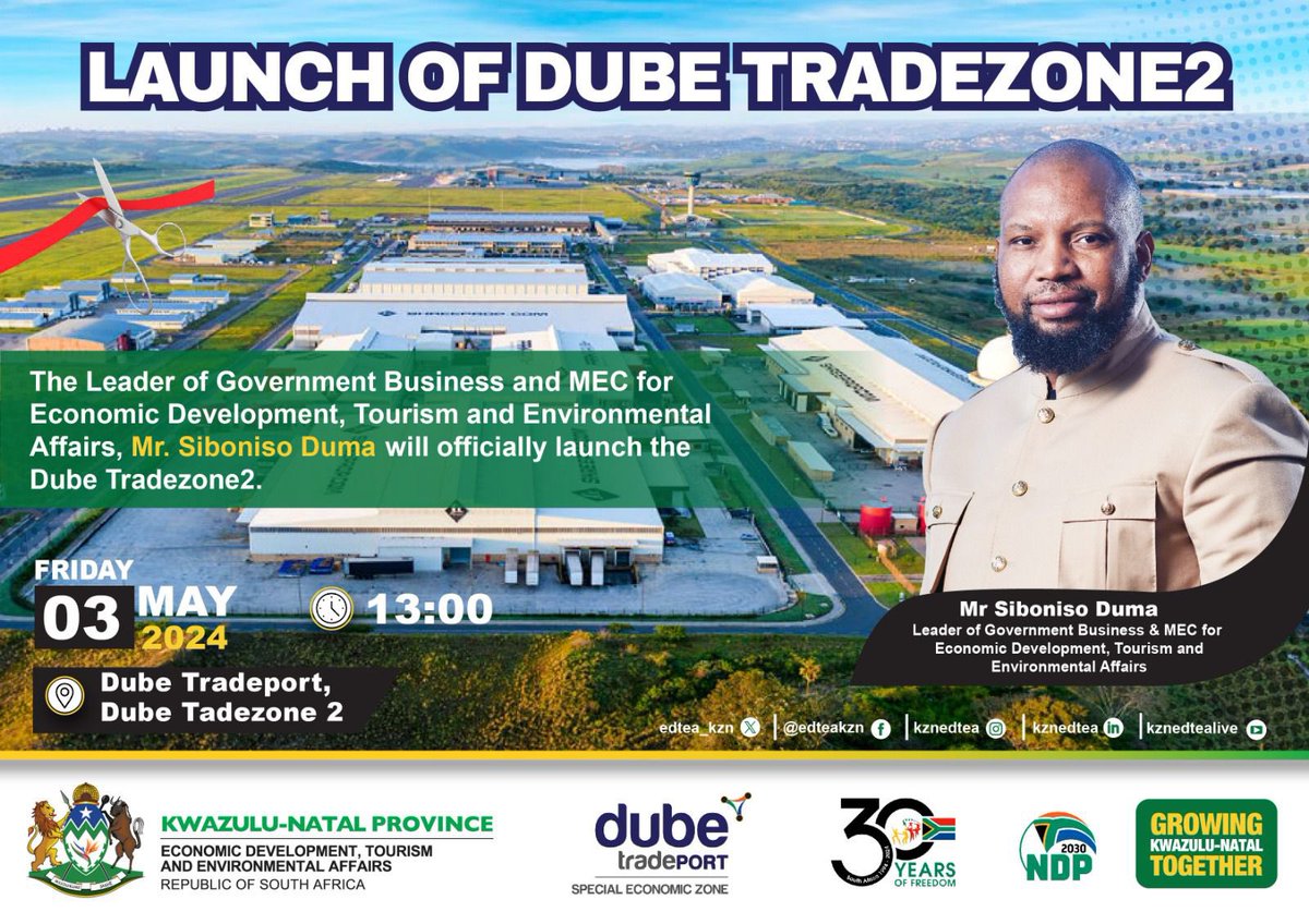 Exciting news! the Leader of Government Business and MEC for Economic Development, Tourism, and Environmental Affairs, Mr Siboniso Duma ,is set to officially launch the Dube Tradezone2.