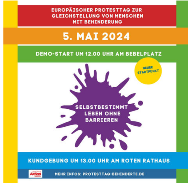 Am Sonntag ist Europäischer Protesttag zur Gleichstellung von Menschen mit Behinderung. Demonstriert mit uns für selbstbestimmtes Leben ohne Barrieren!
⏰12 Uhr
📍Bebelplatz

paritaet-berlin.de/aktuelles/deta…
@vdk_bb @Lebenshilfe_B @SoVD_bbg @BBV_ev 
#europäischerprotesttag