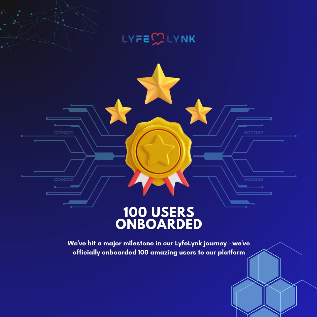 🎉 Celebrating our latest achievement! We have now added 100 users to our platform. We are grateful to everyone who has supported us as we work to transform healthcare. One user at a time, we are all working together to change things. 🚀 #Lyfelynk #ICP #healthcare #healthtech