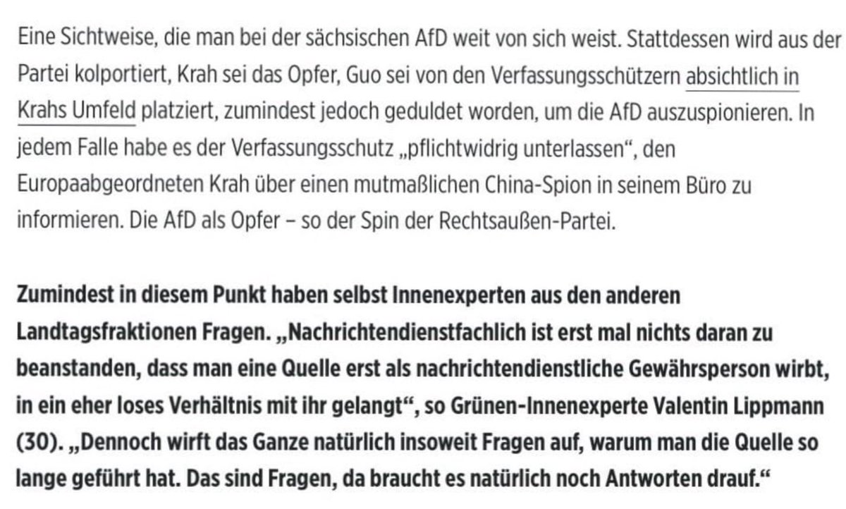 #Steilvorlage

Neuer Skandal in angeblicher #Spion-Affäre bei 
Dr. @KrahMax 

Laut parlamentarischer Kontrollkommission hat der sächsische VS bewußt, den AfD-MdEP #Krah im Unklaren, über die VS-Tätigkeit des MA Jian Guo gelassen

#nurnochAfD 💙
weil’s gut für Deutschland ist 🇩🇪