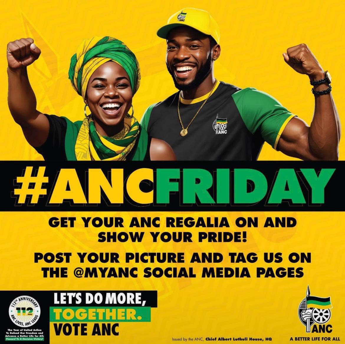 Don't forget to wear your ANC gear today. Get your doek on, t-shirts, dresses, and caps! Be proud of this glorious movement. ⚫️🟢🟡 #ANCComeDuzeFriday #VoteANC2024 #ANCFriday