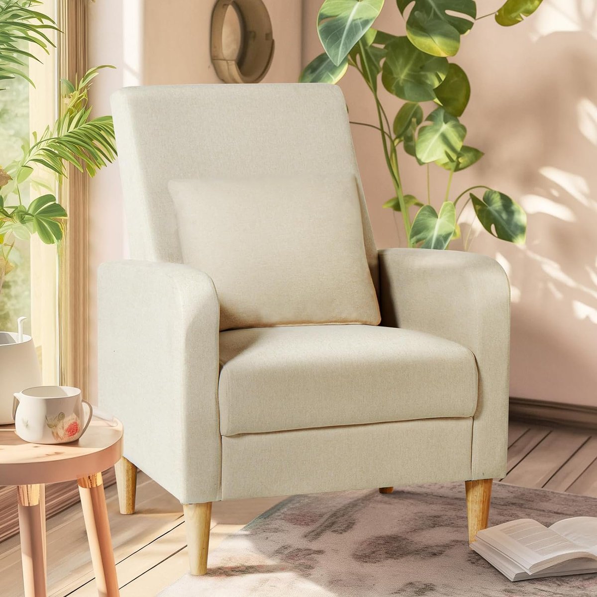 COLAMY Modern Upholstered Accent Chair Armchair with Pillow, Fabric Reading Living Room Side Chair,Single Sofa with Lounge Seat and Wood Legs,Beige