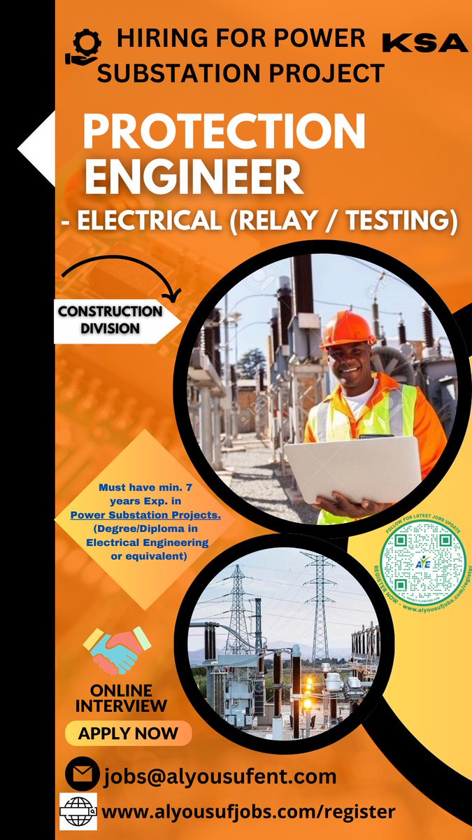 #JobsInSaudiArabia #Hiring for #Electrical_Power_Substation Project.

#Apply Now – jobs@alyousufent.com

#AlYousufJobs recruiting since 1984, registered under the following Ministry /Department
@MEAIndia @NCSIndia @NSDCINDIA @MSDESkillIndia
@NCSIndia @NSDCINDIA