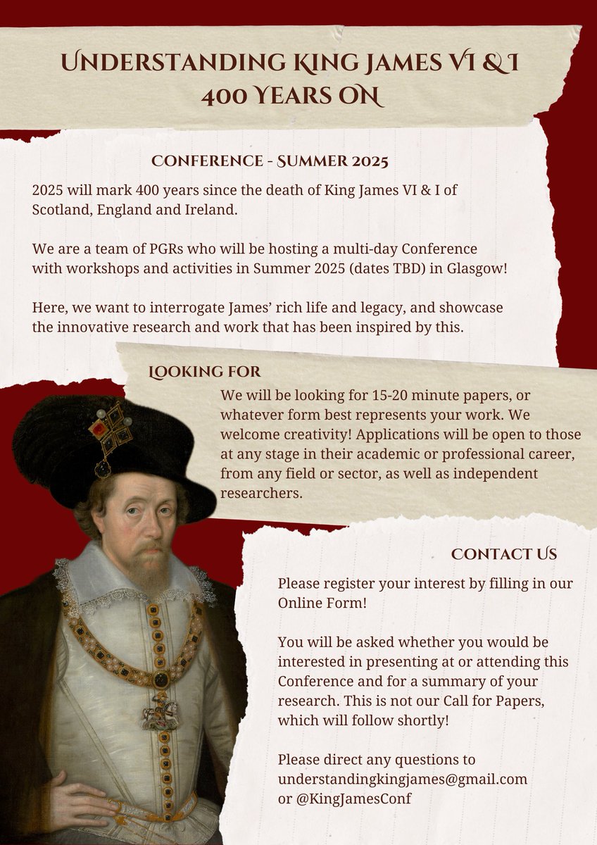 We are very excited to announce this conference on James VI & I that will be held next year to mark the quatercentenary of his death👑 Please follow us here for updates & news ... Google form to register interest can be found here: docs.google.com/forms/d/16g_Wo…