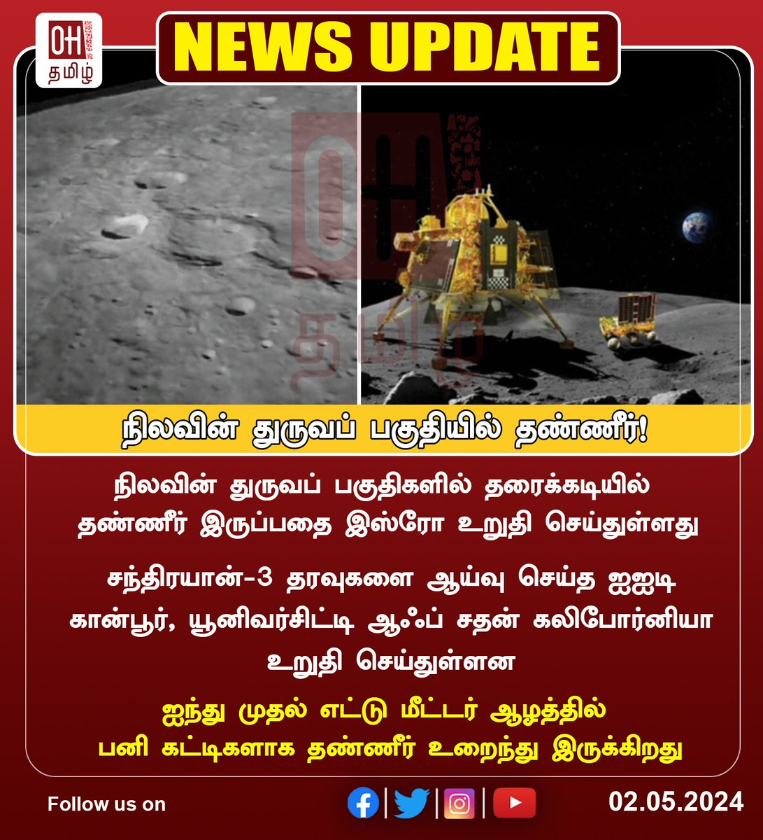 நிலவின் துருவப் பகுதிகளில் தண்ணீர் இருப்பதை உறுதி செய்த சந்திராயன்-3.

#Chandrayaan3 #confirmed #water  #regionsMoon #OHtamil