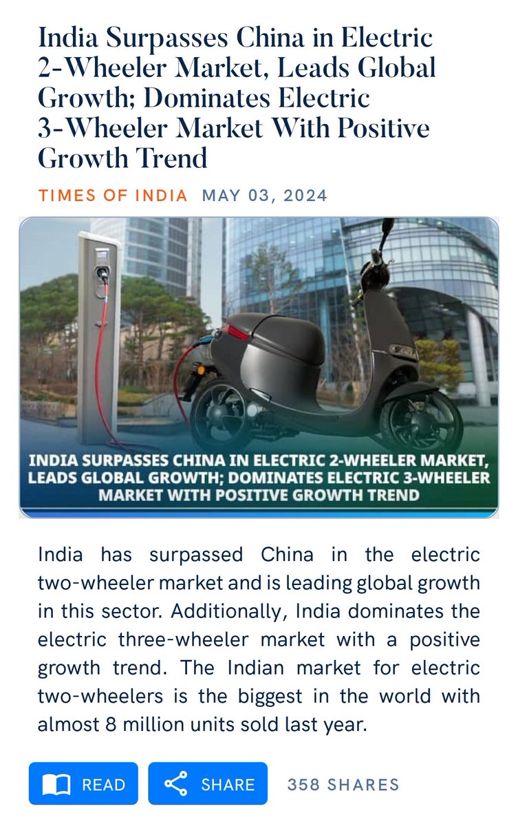 India Surpasses China in Electric 2-Wheeler Market, Leads Global Growth; Dominates Electric 3-Wheeler Market With Positive Growth Trend timesofindia.indiatimes.com/home/infograph…