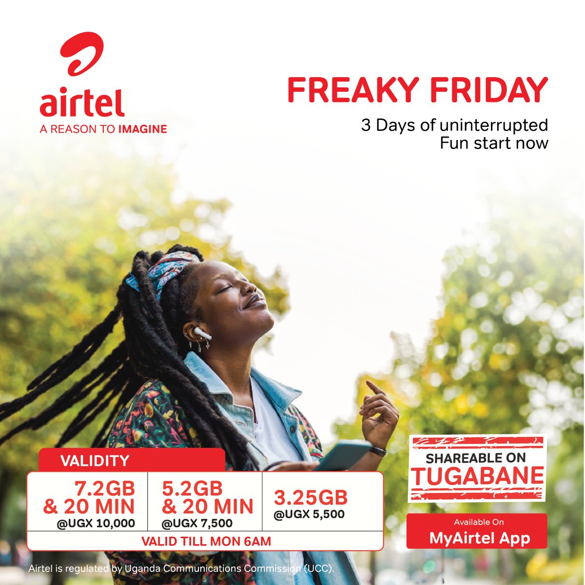 Friday is here. Enjoy 3 days of uninterrupted fun with Airtel's #FreakyFriday bundles. Dial *100*0# and get yourself one or you can use the #MyAirtelApp: airtelafrica.onelink.me/cGyr/qgj4qeu2 valid till Monday 6am