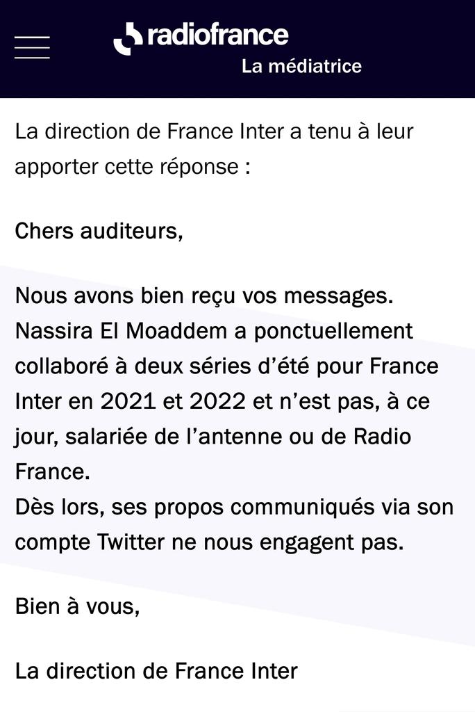 Incroyable : la direction de France Inter modifie son communiqué à la @mediatriceRF pour retirer le bout de phrase 'nous comprenons' concernant le déluge de messages racistes reçus par @NassiraELM. Trop peu trop tard, et en douce en plus, bravo la confiance dans les médias 10/10.