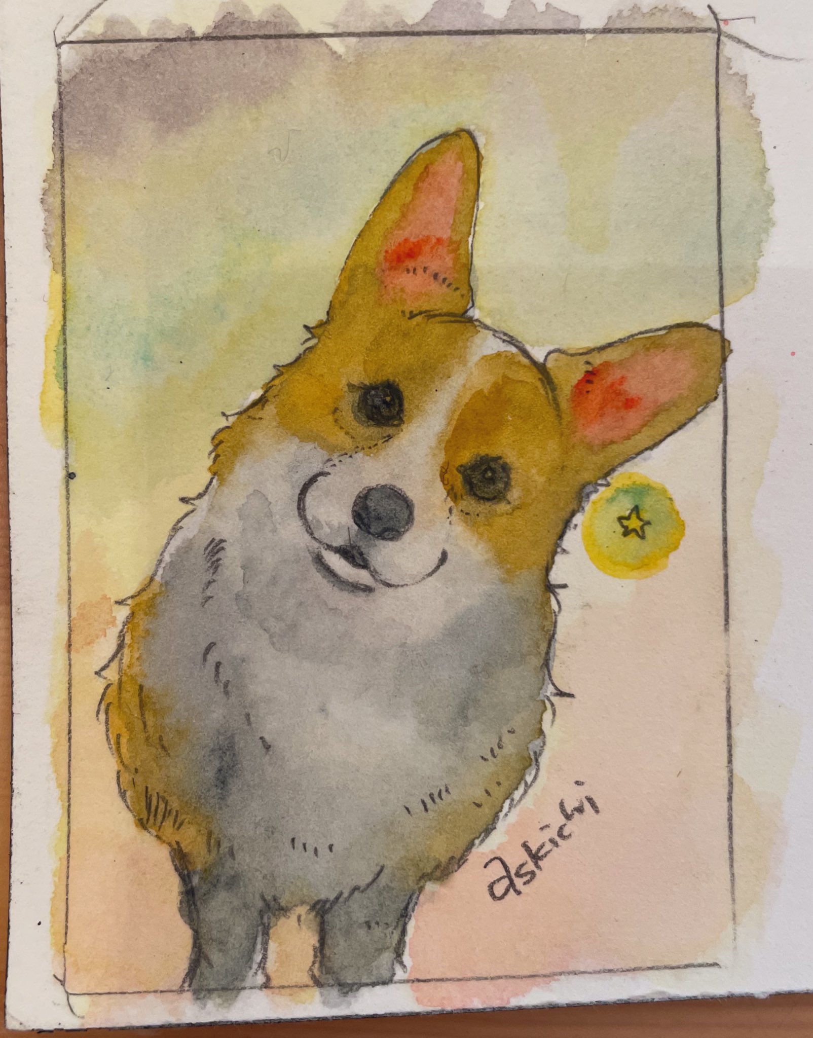 水彩画 原画 コーギーさん 水彩画 原画 コーギーさん