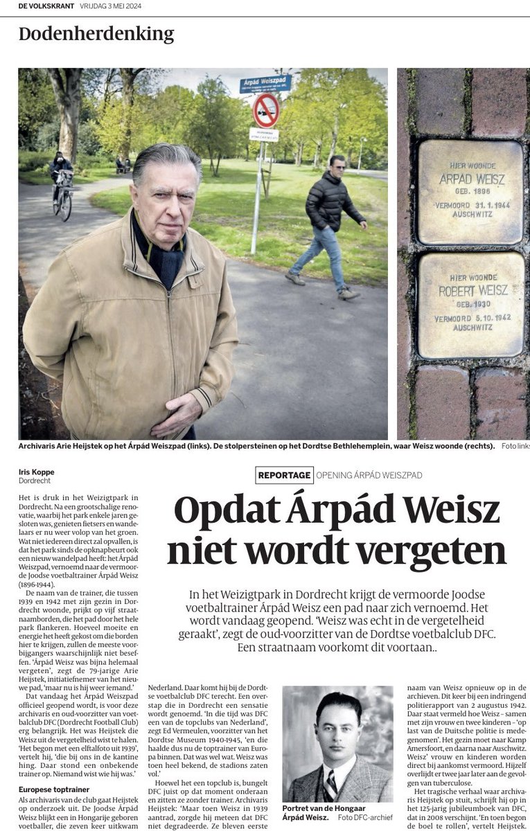 Sport en de Holocaust. Wat een verhaal over Árpád Weisz in de @volkskrant. Hongaars voetbalinternational. Toptrainer in Italië. Werkverbod joden door Mussolini. Vlucht naar NL. Trainer bij DFC Dordrecht. In 1942 opgepakt. Zijn vrouw, 2 kinderen en hijzelf komen om in Auschwitz.