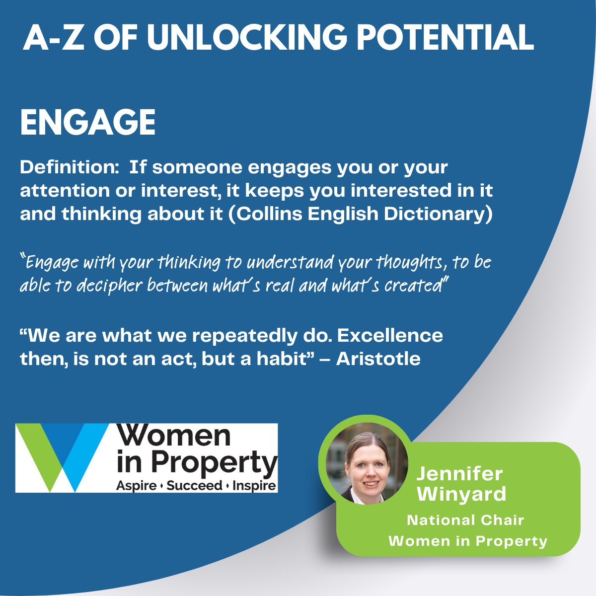 Women in Property (@wipuk) on Twitter photo We're on 'E' of Women in Property National Chair <a href="/JenniferWInyard/">Jennifer Winyard</a>'s A - Z of Unlocking Potential...E for Engage. How engaged are you? We're on 'E' of Women in Property National Chair <a href="/JenniferWInyard/">Jennifer Winyard</a>'s A - Z of Unlocking Potential...E for Engage. How engaged are you?