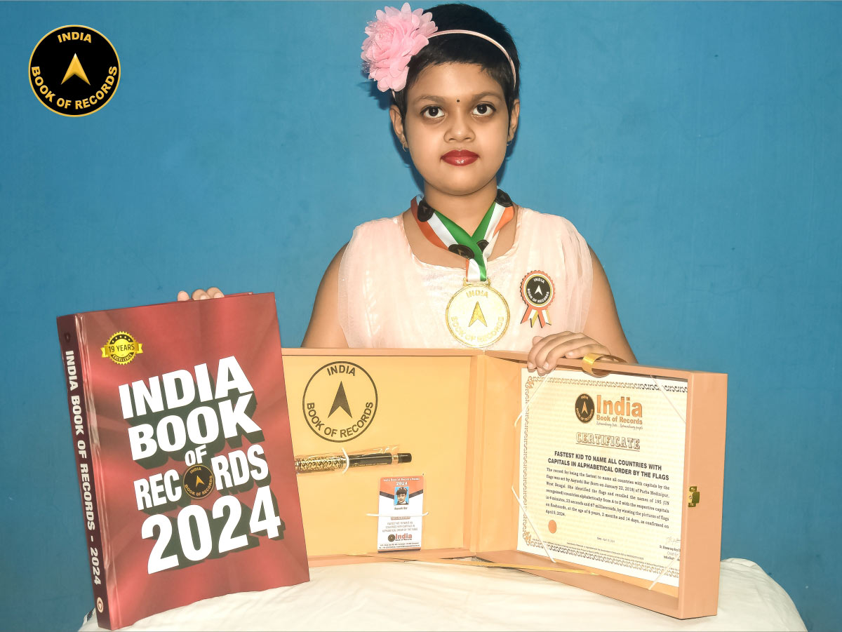 The record for being the fastest to name all countries with capitals by the flags was set by Aayushi Bar of Purba Medinipur, West Bengal. #IBR #IndiaBookofRecords #record #records #recordbreaker #recordbreakers Read At: indiabookofrecords.in/fastest-kid-to…