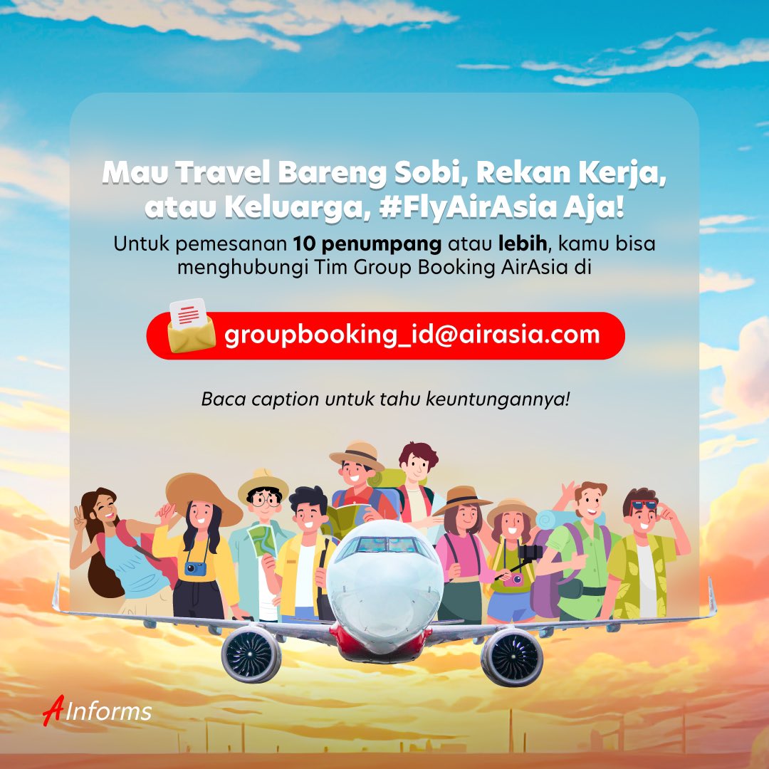 Mana nih yang kemarin nanyain: 'booking buat group di AirAsia gimana sih caranya, Min?' Save ya email Tim Group Booking AirAsia di groupbooking_id@airasia.com ✨✈️ Untuk pemesanan 10 penumpang atau lebih, kamu bisa dapat benefit: ditangani langsung oleh tim AirAsia, mendapat